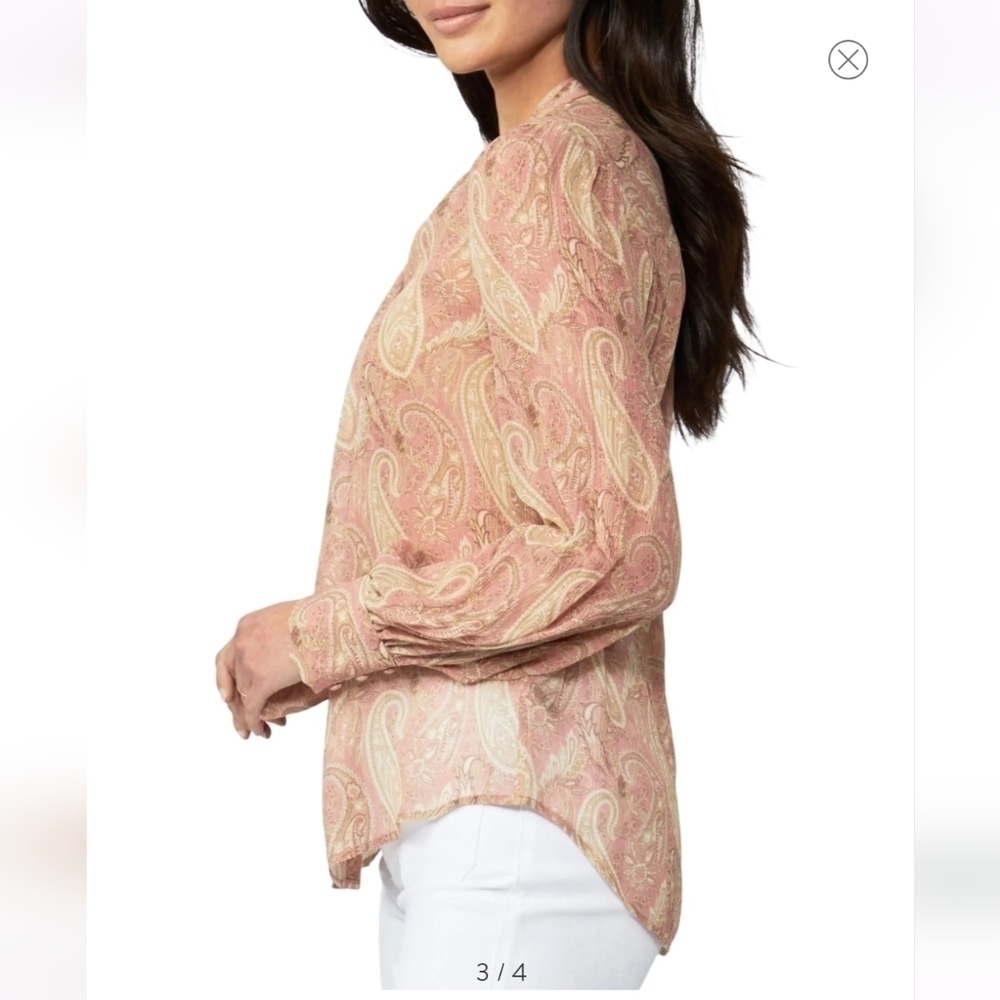 PAIGE Cleobelle Paisley Silk Blouse LIPSTICK PINK/ TAN Size X-Small - Picture 5 of 9